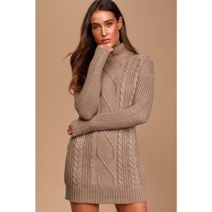Taupe Cable Knit Turtleneck Sweater Dress